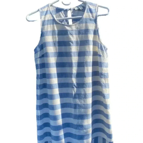 MONTEAU L Dress 100% Cotton Blue Ivory Striped Swing Shift Summer Woven Lined S - Picture 5 of 8